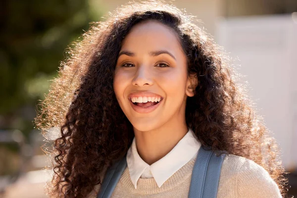 Portrait Attractive Young Female Student Standing Campus — Zdjęcie stockowe