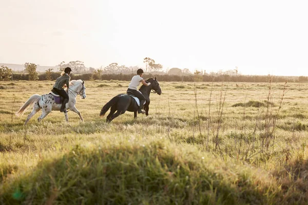 Shot Two Young Women Out Horseback Riding Together — Stockfoto