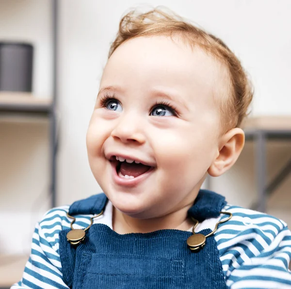 Shot Adorable Little Boy Looking Happy Home — Stockfoto