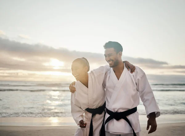 Shot Two Young Martial Artists Practicing Karate Beach — ストック写真