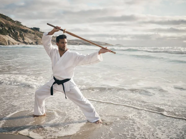 Full Length Shot Handsome Young Male Martial Artist Practicing Karate — Stock fotografie