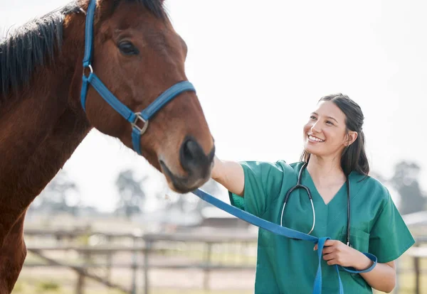 Shot Attractive Young Veterinarian Standing Alone Attending Horse Farm — Zdjęcie stockowe