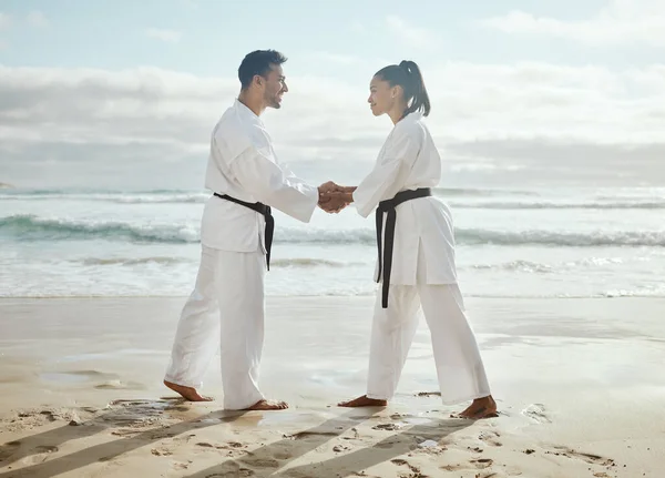 Full Length Shot Two Young Martial Artists Practicing Karate Beach — ストック写真