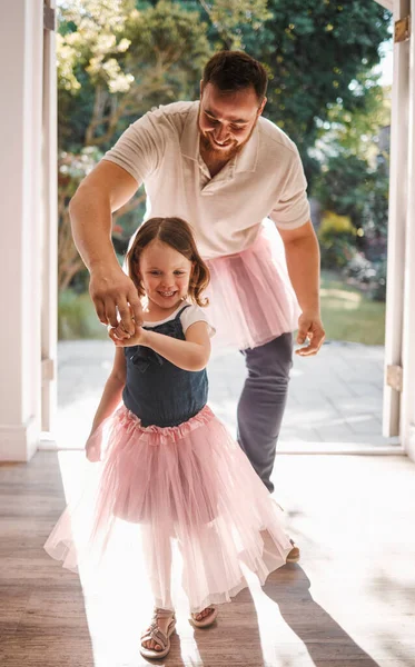 Shot Adorable Young Girl Her Father Dancing Together Home — 스톡 사진