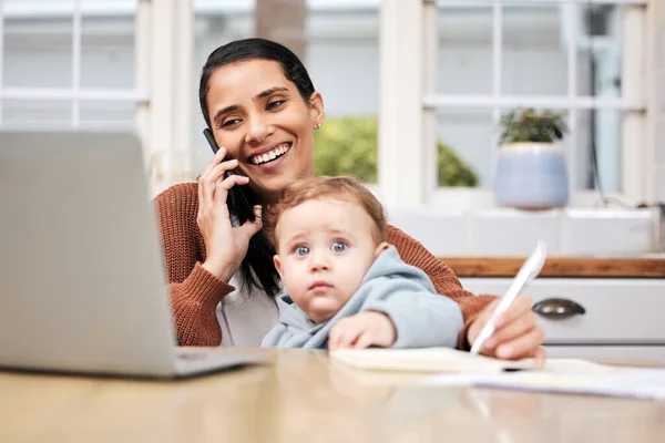 Shot Young Woman Going Paperwork While Holding Her Son Home — Zdjęcie stockowe