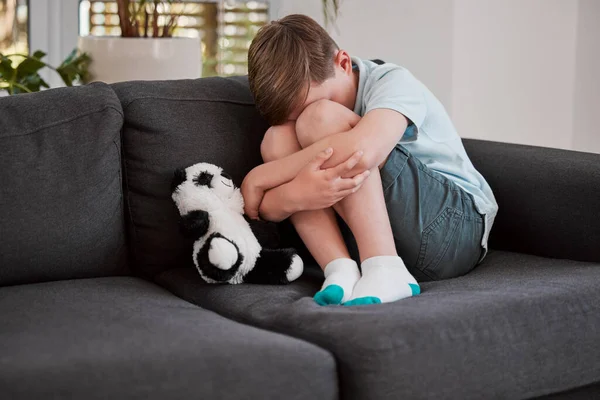 Shot Little Boy Comforting Himself Sofa Home — ストック写真