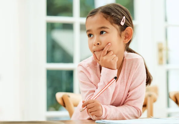 Cropped Shot Adorable Little Girl Looking Thoughtful While Doing Her — 图库照片