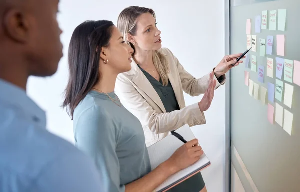 Shot Group Businesspeople Brainstorming Sticky Notes Chalkboard — Stock Photo, Image