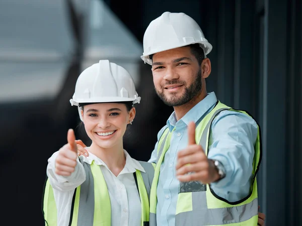 Cropped Portrait Two Young Construction Workers Giving Thumbs While Standing — Photo