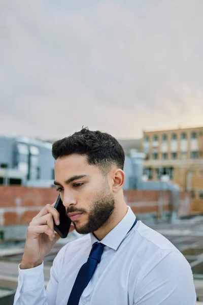 Shot Depressed Businessman Making Phone Call Using His Smartphone — Stock Fotó