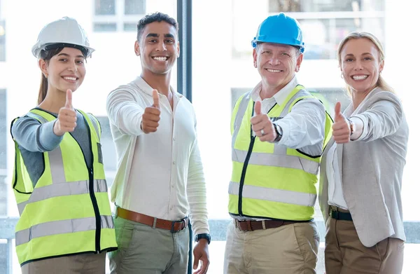 Cropped Portrait Four Construction Workers Giving Thumbs Camera — 图库照片