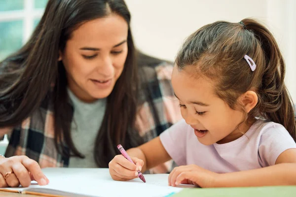 Cropped Shot Adorable Little Girl Doing Her Homework Some Help — Stock fotografie