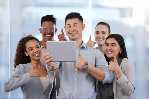 Shot Group Young Businesspeople Taking Selfies Digital Tablet Showing Thumbs — Stock Photo, Image