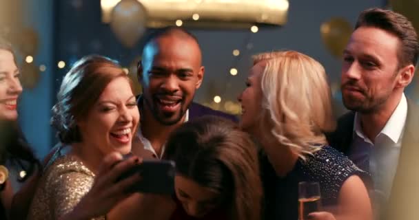 Young Diverse Friend Group Smiling Taking Selfie Together Party — Stock Video