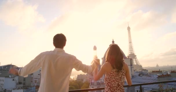 Video Footage Young Couple Cheering While Admiring View Balcony Apartment — Stock Video