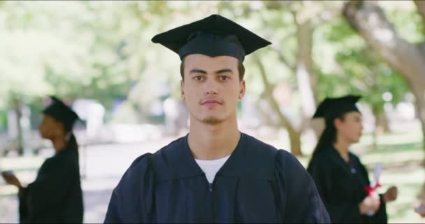 Portrait Male University College Graduate Standing Looking Camera Graduation Day — Stock Video