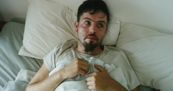 Restless Insomniac Feeling Anxious While Having Nightmare Bed Scared Man — Vídeo de stock