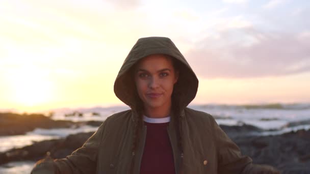 Young Woman Pigtails Removing Her Hood Enjoying Sunset Beach Smiling — Wideo stockowe