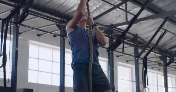 Fit Sporty Young Man Exercising Climbing Rope His Workout Gym — Vídeo de Stock