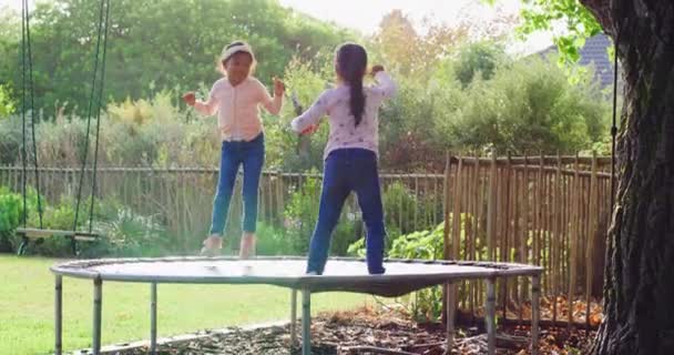 Niñas Felices Saltando Trampolín Día Soleado Dos Hermanos Jóvenes Enérgicos — Vídeos de Stock