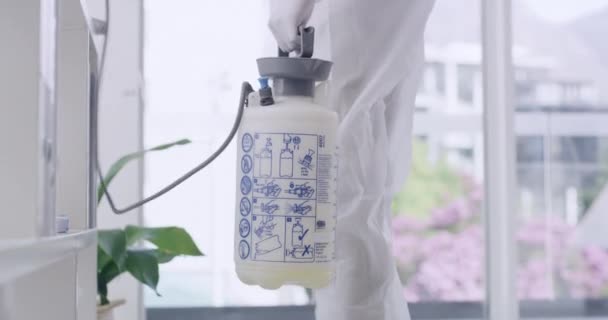 Closeup Sanitation Worker Disinfecting Office Building Wearing Biohazard Suit Hygiene — Stockvideo
