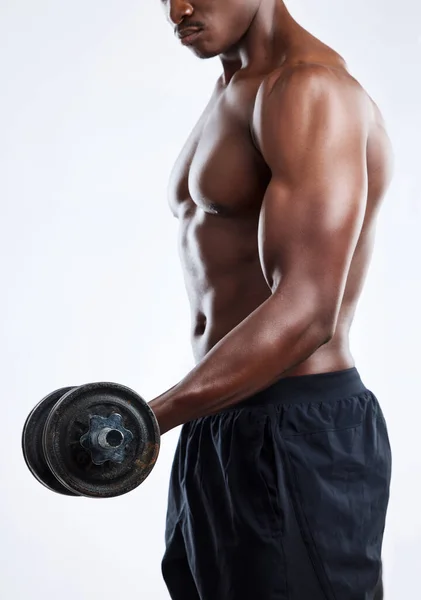 Studio Shot Unrecognizable Muscular Man Working Out Dumbbell Grey Background — 스톡 사진