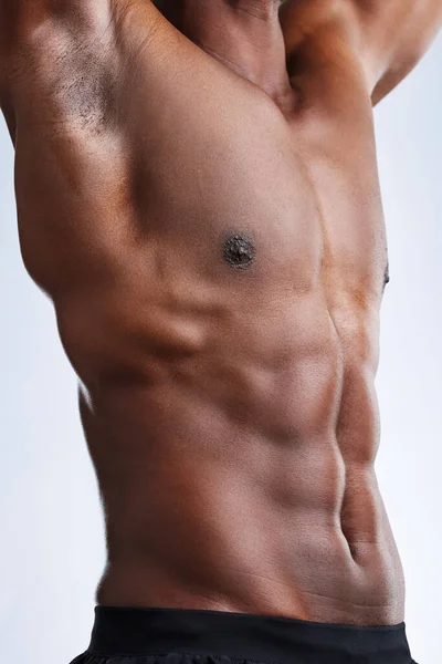 Unrecognizable Musclar Man Posing Studio Grey Background — Foto de Stock