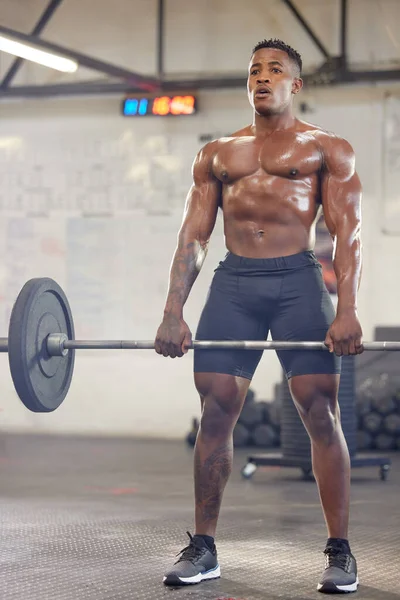 Muscular Young Man Exercising Barbell Gym — 스톡 사진