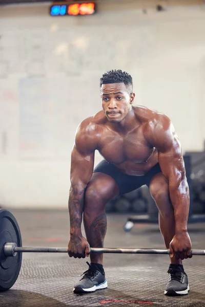 Muscular Young Man Exercising Barbell Gym — 스톡 사진