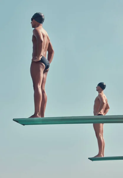 Full Length Shot Two Handsome Young Male Athletes Standing Diving — Fotografia de Stock