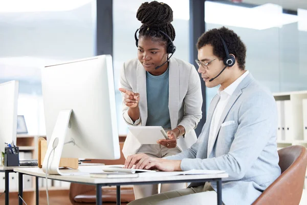 Two Call Centre Agents Working Together Office — Stok fotoğraf