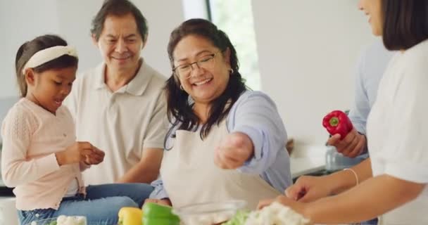 Lachen Multi Generatie Familie Bereiden Lunch Huis Keuken Hechting Lachende — Stockvideo