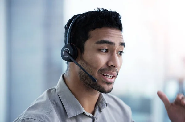 Handsome Young Customer Service Agent Sitting Alone Office Wearing Headset — Stockfoto