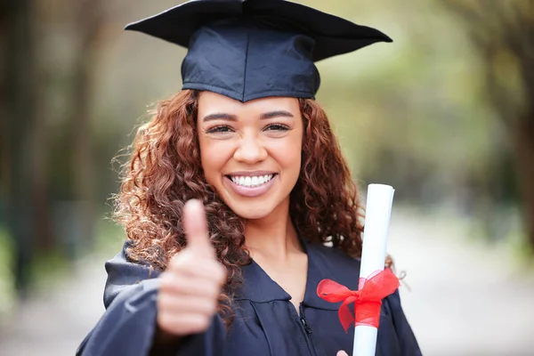 Portrait Young Woman Holding Her Diploma Showing Thumbs Graduation Day — Photo