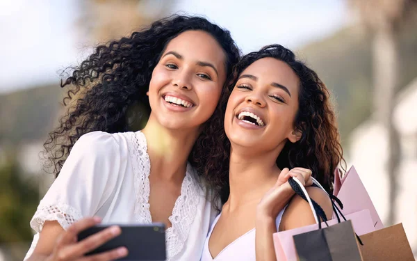 Two Young Friends Taking Selfies Shopping Trip — Stok fotoğraf
