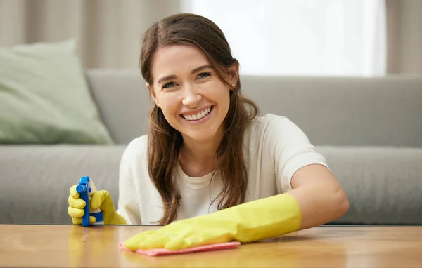 Beautiful Young Woman Cleaning Table Lounge Home — Foto Stock