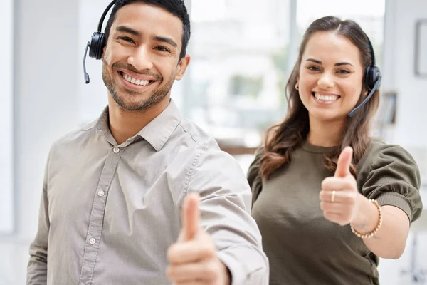 Cropped Portrait Two Young Call Center Agents Giving Thumbs While —  Fotos de Stock