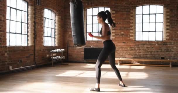 Hispanic Young Fit Woman Boxing Kicking Punching Bag Her Workout — Stockvideo