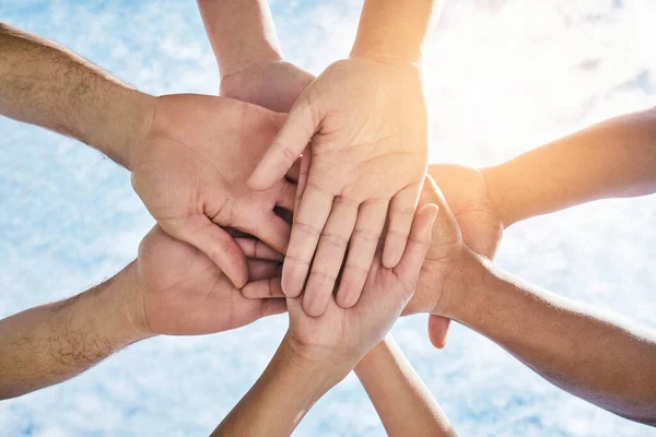 Low Angle Shot Group Unrecognizable People Standing Hands Huddle — Stock Photo, Image