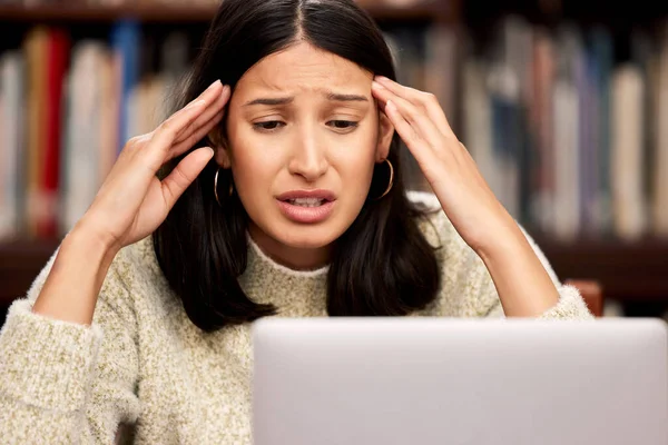 Young Female Student Looking Unhappy While Studying Library College — Stockfoto