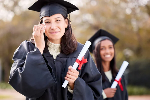 Portrait Young Woman Crying While Celebrating Her Graduation — Foto Stock