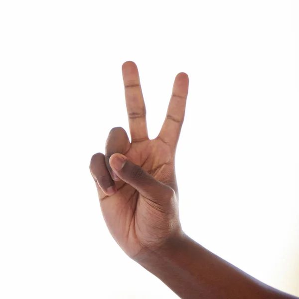 Studio Shot Unrecognisable Man Making Peace Sign White Background — Stock Fotó