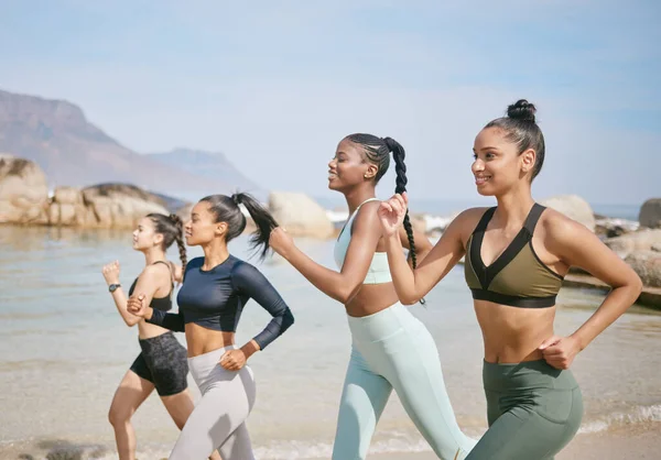 Group Women Jogging Together Beach — Stockfoto
