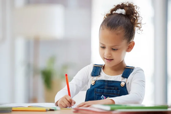Little Girl Doing Homework Home — 图库照片
