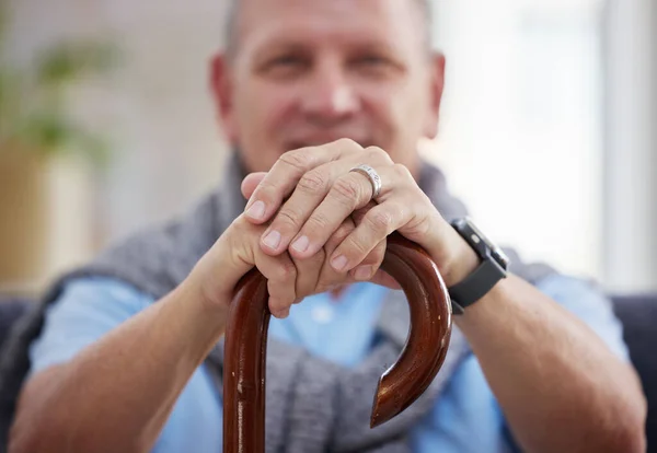 Unrecognisable Man Sitting Alone Clinic Holding His Walking Stick — Stock Photo, Image