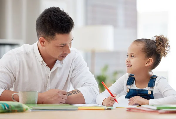 Young Father Helping His Daughter Her Homework Home — Stok fotoğraf