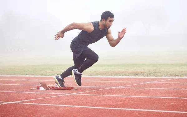 Full Length Shot Handsome Young Male Athlete Running Outdoor Track — Stockfoto