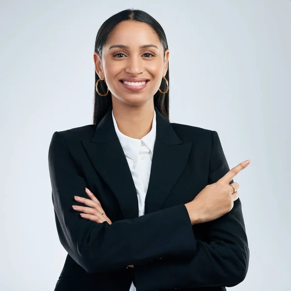 Confident Young Businesswoman Standing Grey Background —  Fotos de Stock