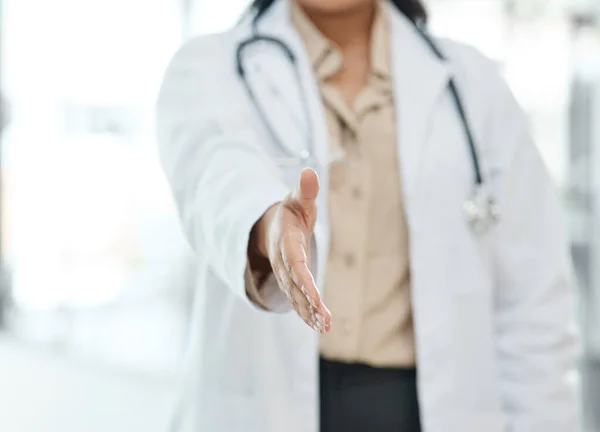 Unrecognizable Female Doctor Gesturing Handshake Hospital — 스톡 사진