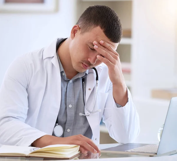 Handsome Young Doctor Sitting Alone His Clinic Feeling Stressed While — Stockfoto